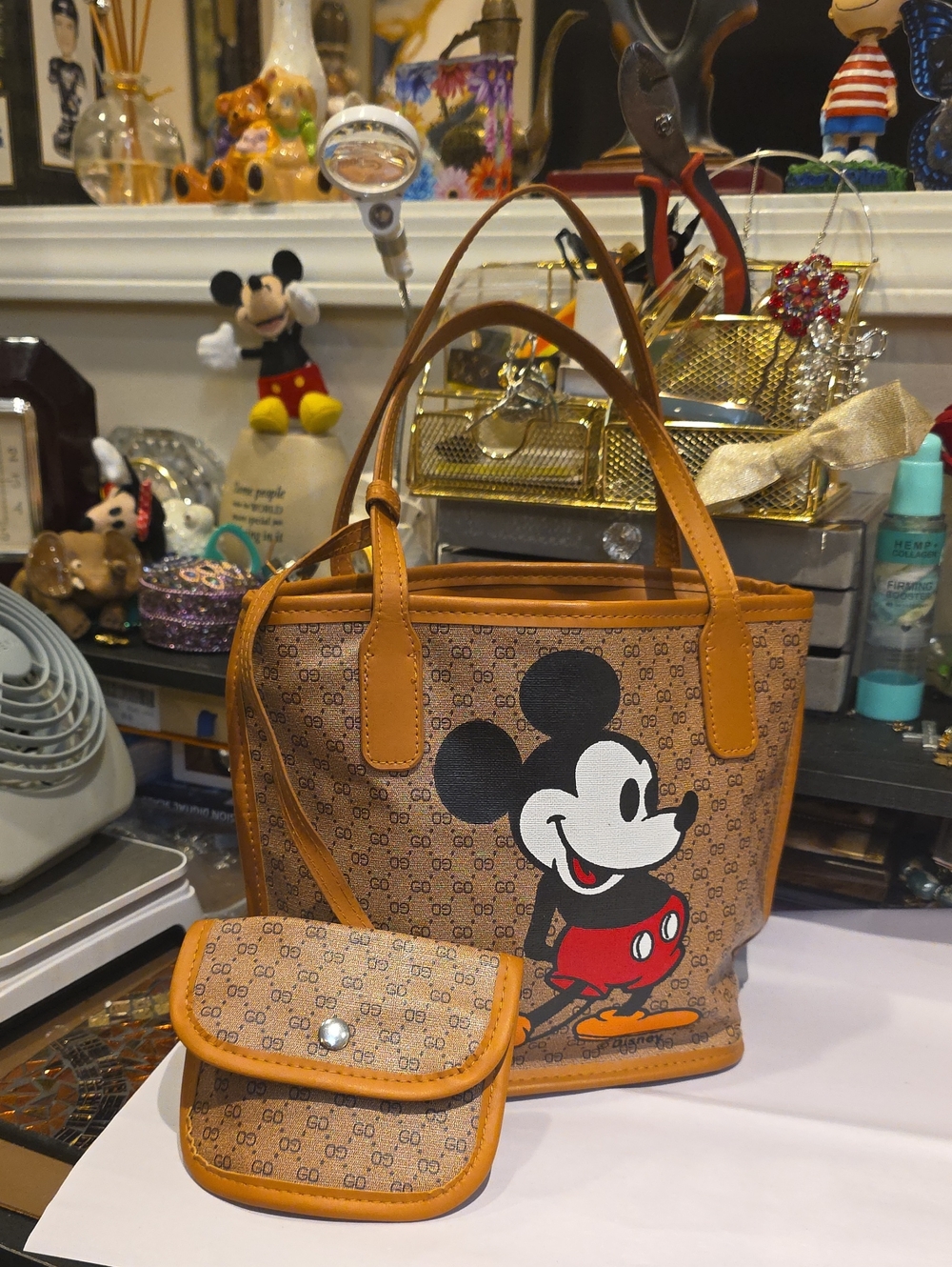 Disney Brown Tan Mickey Mouse Tote with Matching Pouch